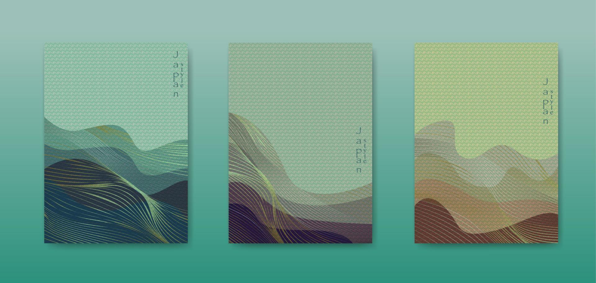 fond de paysage japonais définir des cartes d'illustration vectorielle de modèle d'onde de ligne d'or. texture ondulée géométrique de modèle abstrait de luxe bleu. conception de mise en page de montagne dans un style oriental, brochure verticale vecteur