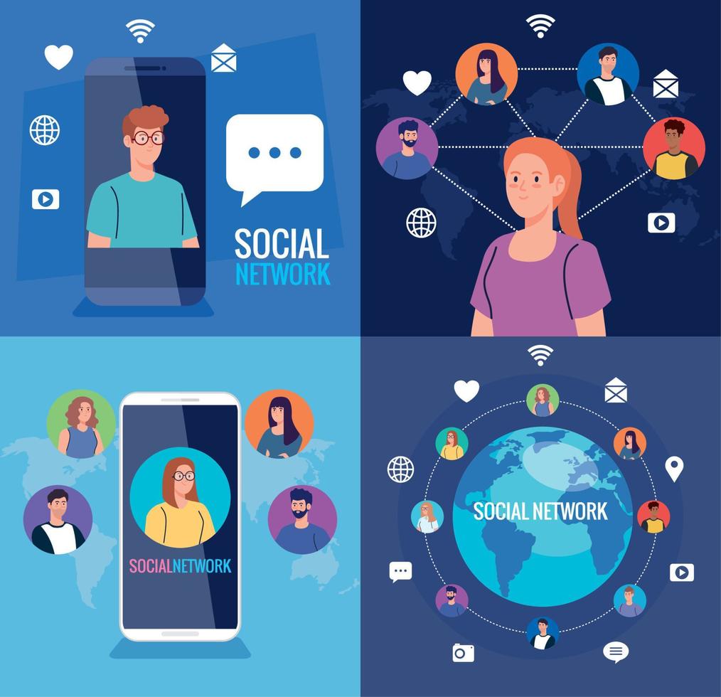 définir des affiches de réseau social, de personnes connectées numériquement, interactives, de communication et de concept global vecteur