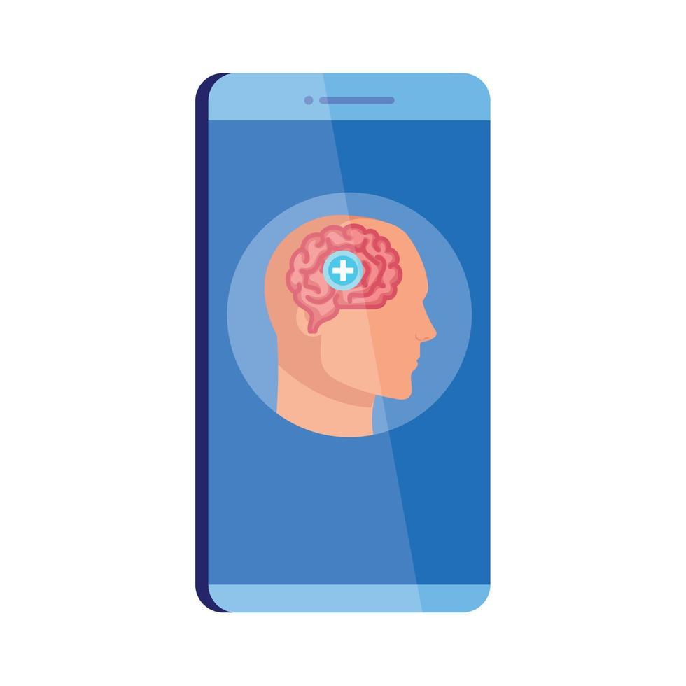 assistance en ligne pour la santé mentale sur smartphone, profil humain avec cerveau et symbole croisé, esprit positif sur fond blanc vecteur