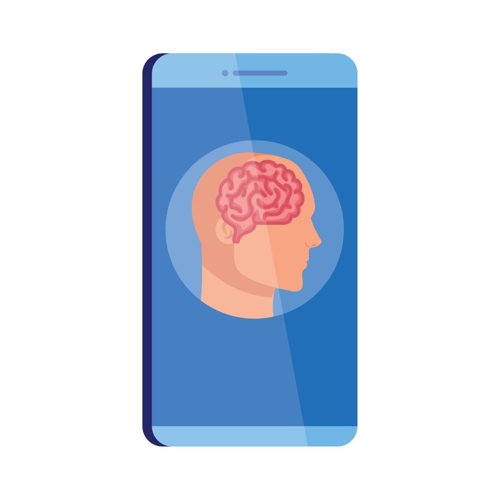 assistance en ligne pour la santé mentale dans un smartphone, silhouette de profil humain avec cerveau, sur fond blanc vecteur
