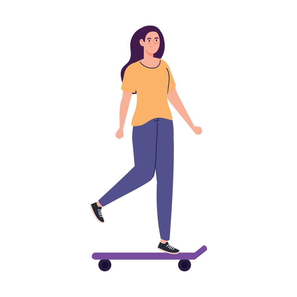 jolie jeune femme en skateboard sur fond blanc vecteur