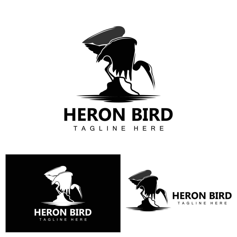 création de logo oiseau héron cigogne, oiseau héron volant sur le vecteur de la rivière, illustration de la marque du produit