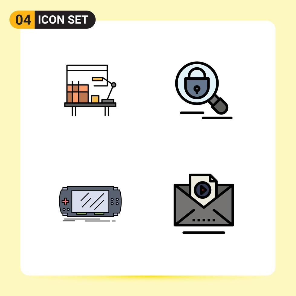 ensemble moderne de 4 pictogrammes de couleurs plates remplies d'éléments de conception vectoriels modifiables de jeu de verrouillage de table de périphérique de travail vecteur