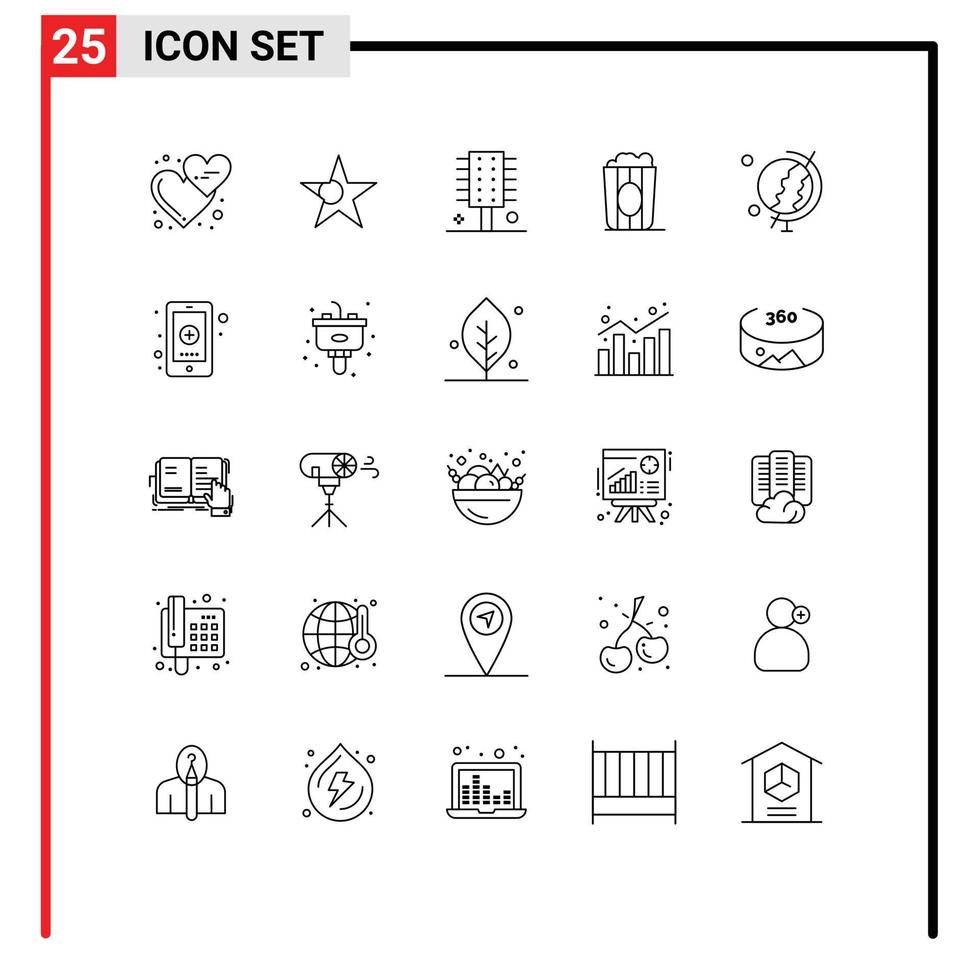 ligne d'interface mobile ensemble de 25 pictogrammes de terre film beauté alimentaire spa salon éléments de conception vectoriels modifiables vecteur