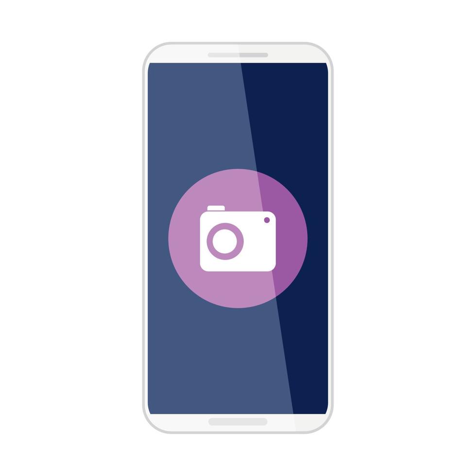 concept de médias sociaux, bouton de l'appareil photo dans le smartphone, sur fond blanc vecteur