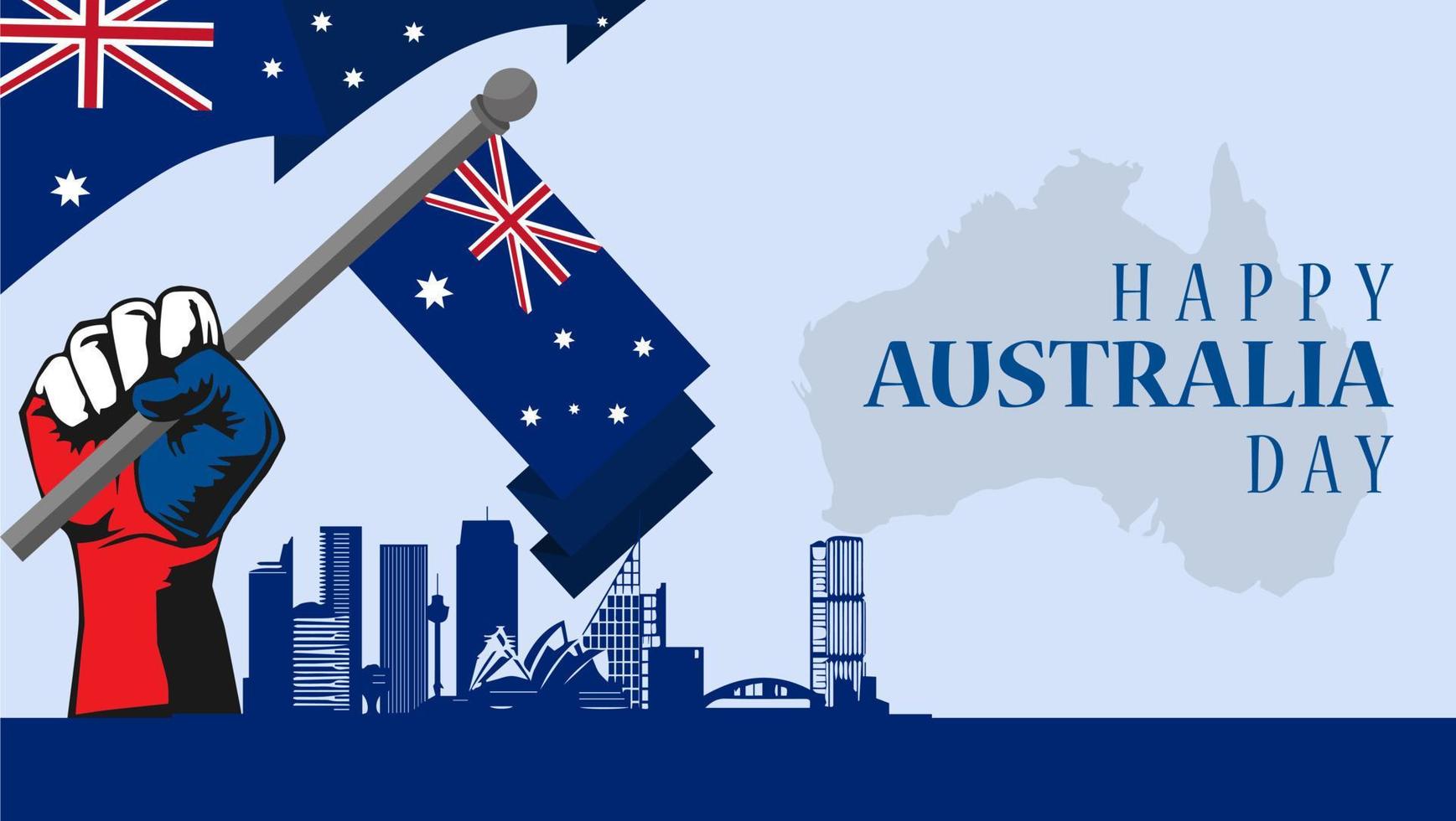 bonne fête de l'australie, jour de l'indépendance. fond de ville et illustration de drapeau et éléments vectoriels concept national carte de voeux, affiche ou conception de bannière web vecteur