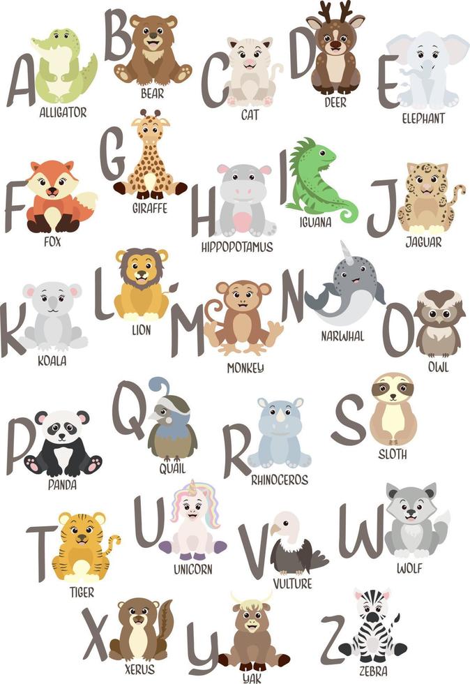 alphabet anglais animaux mignons pour l'éducation des enfants. style de personnage drôle dessiné à la main. illustration vectorielle. vecteur
