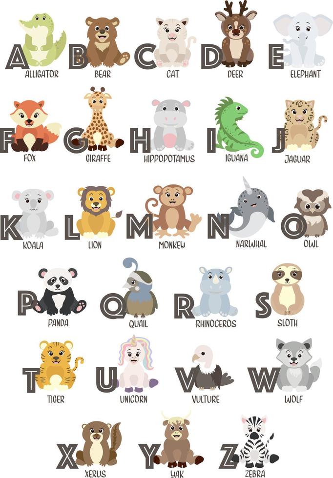 alphabet anglais animaux mignons pour l'éducation des enfants. style de personnage drôle dessiné à la main. illustration vectorielle. vecteur