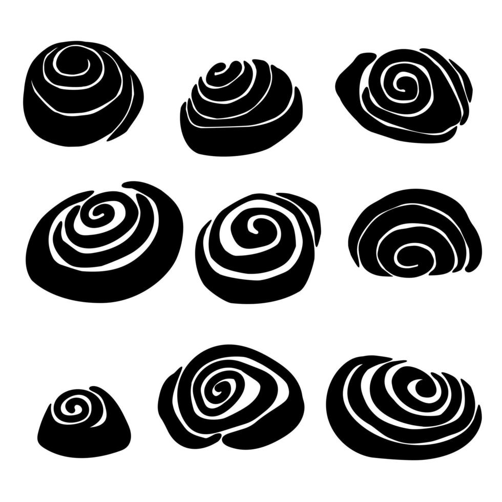 ensemble de silhouettes de brioches à la cannelle, brioches à la cannelle de différents types, logo pour un magasin de bonbons ou une boulangerie vecteur