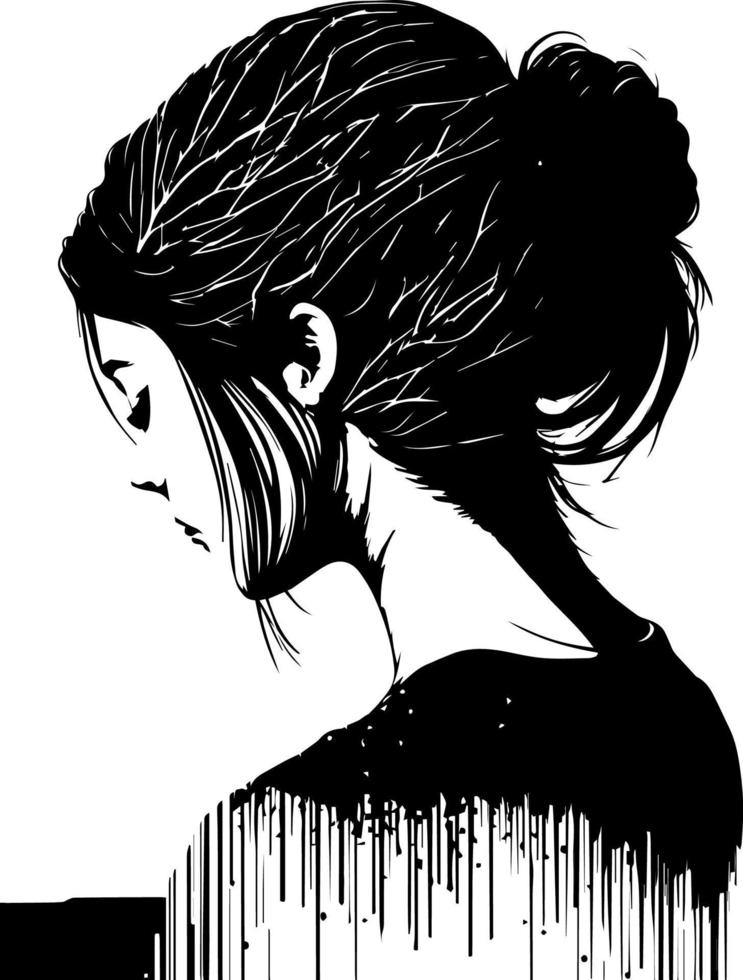 illustration de croquis de vecteur noir et blanc de la tête et des cheveux de la femme