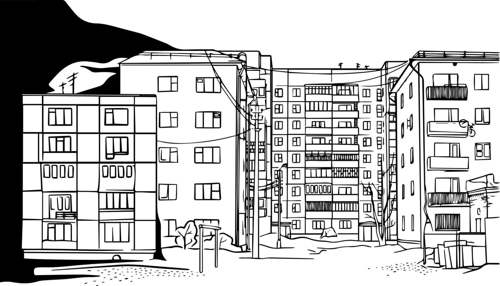 croquis d'illustration vectorielle vue sur la rue urbaine de la ville russe avec des bâtiments soviétiques vecteur