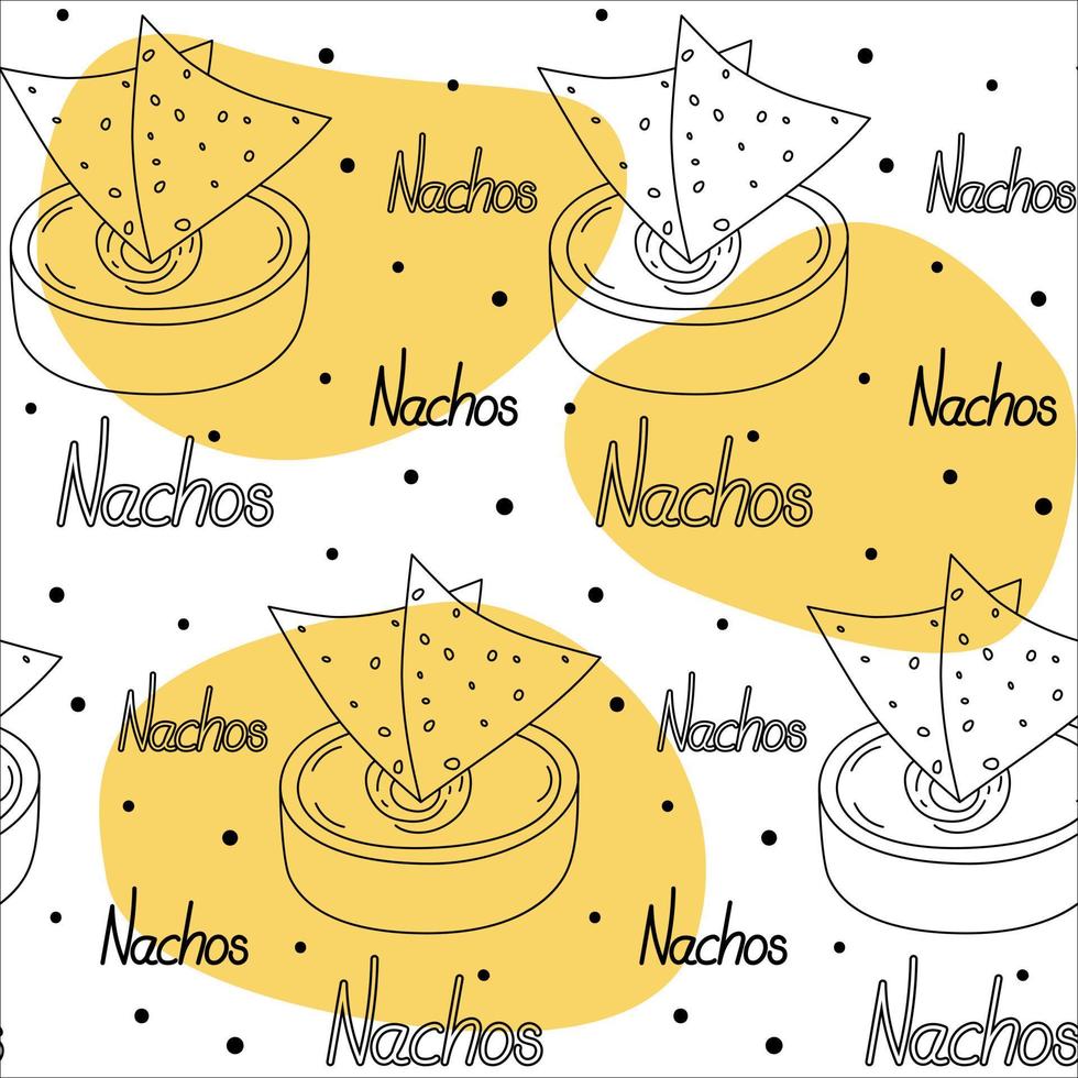 motif sans fin avec des nachos mexicains de chips de maïs traditionnels et de la sauce dans un bol avec des nachos de lettrage vecteur