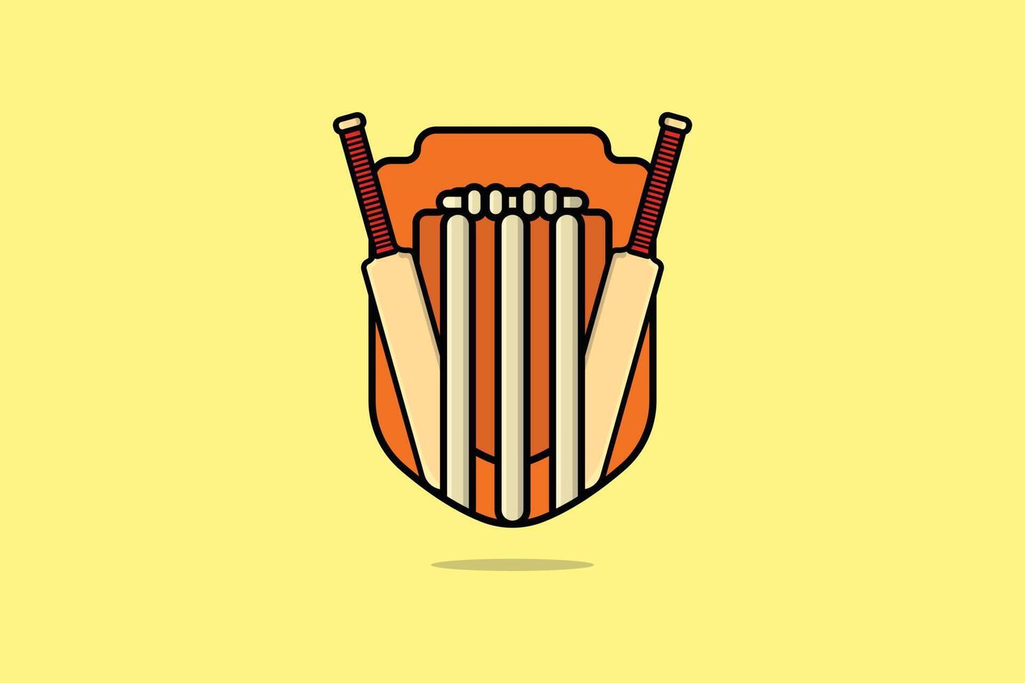 batte de cricket avec illustration vectorielle de guichet. concept d'icône d'objets de sport. conception de vecteur de bouclier d'insigne de cricket de club d'équipe sur fond jaune avec ombre.