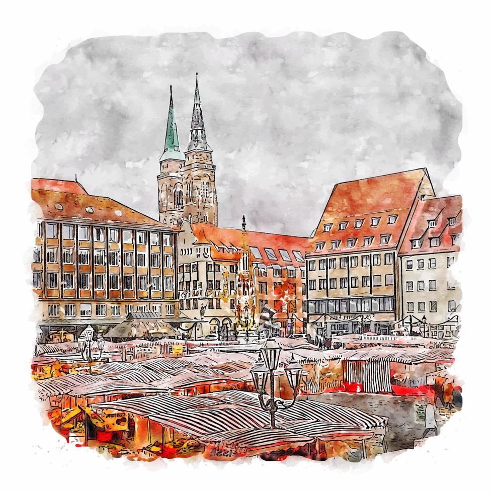 nürnberg hauptmarkt allemagne croquis aquarelle illustration dessinée à la main vecteur