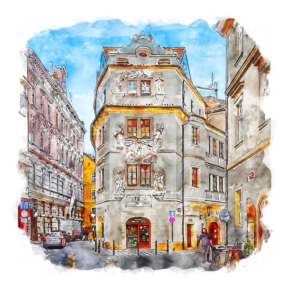 prague république tchèque croquis aquarelle illustration dessinée à la main vecteur