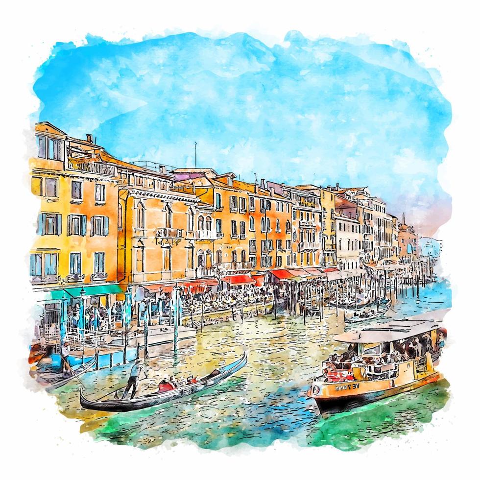 canal grande veneza italie croquis aquarelle illustration dessinée à la main vecteur