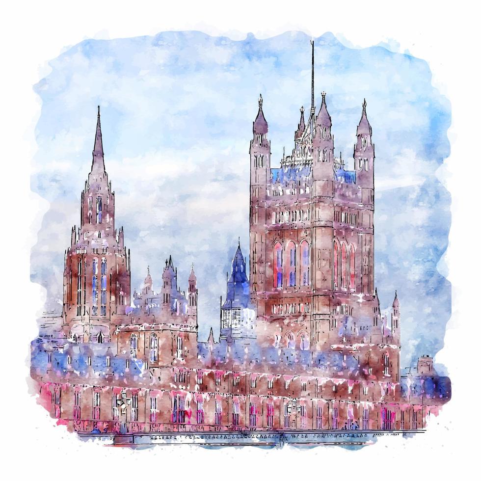 chambres du parlement londres croquis aquarelle illustration dessinée à la main vecteur