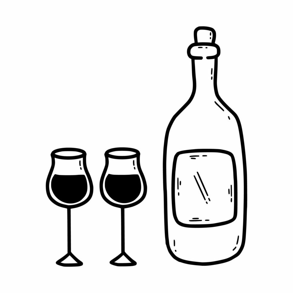 bouteille de vin et verres à vin. illustration vectorielle de griffonnage. l'autocollant est dessiné à la main. esquisser. vecteur