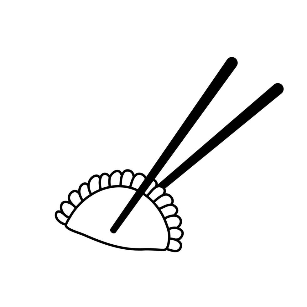 boulettes de cuisine chinoise, japonaise et coréenne et baguettes. icône de contour de vecteur de doodle isolé sur blanc