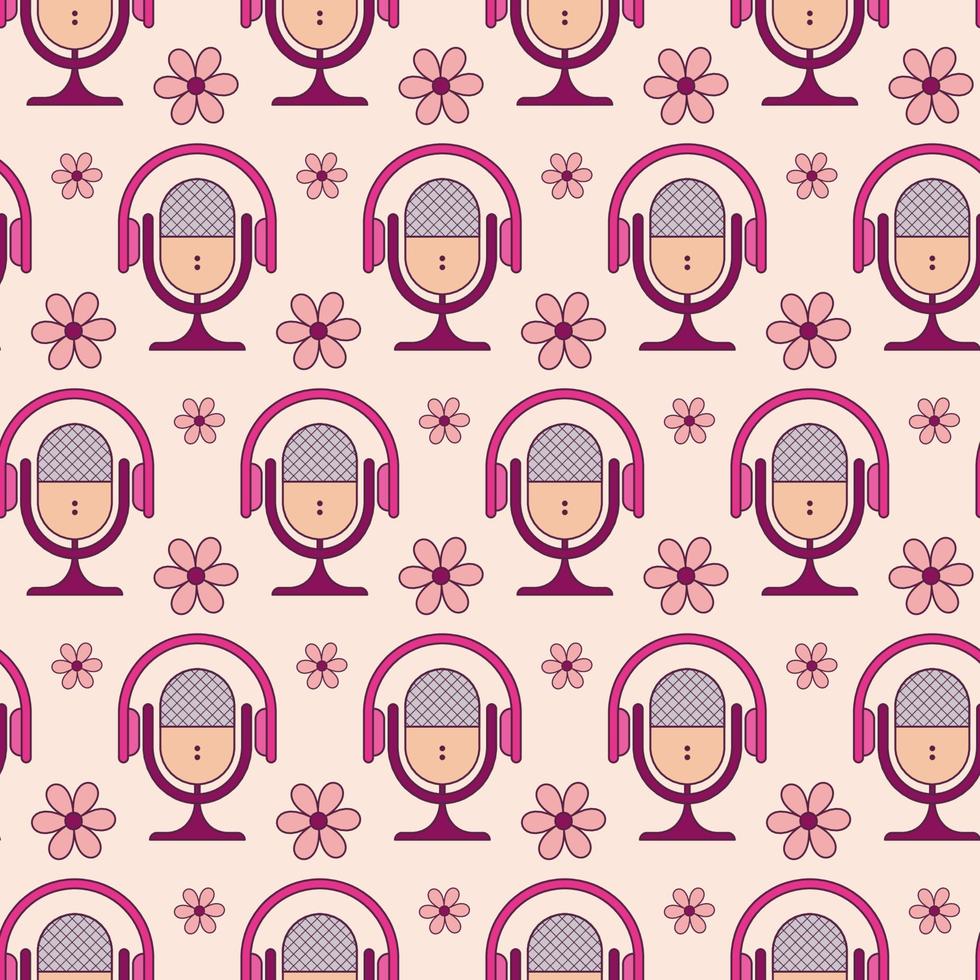 modèle sans couture de la journée mondiale de la radio, affiche de la fête de la musique, fond de podcast rétro coloré. microphone, casque et fleurs aux couleurs rose, violet et beige. vecteur