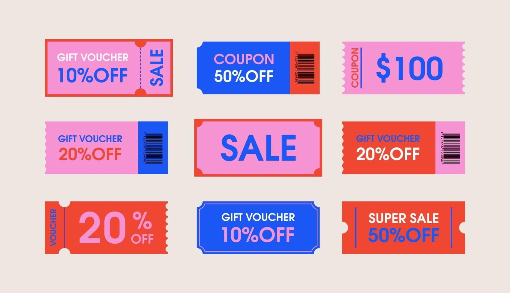 ensemble de billets de coupon de promotion. billets de chèques-cadeaux, coupons de réduction dans un style rétro groovy. couleurs tendance audacieuses, style plat vecteur