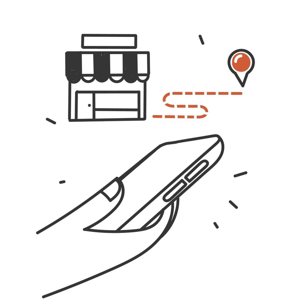 doodle dessiné à la main trouver l'emplacement du magasin à partir de l'illustration du smartphone vecteur