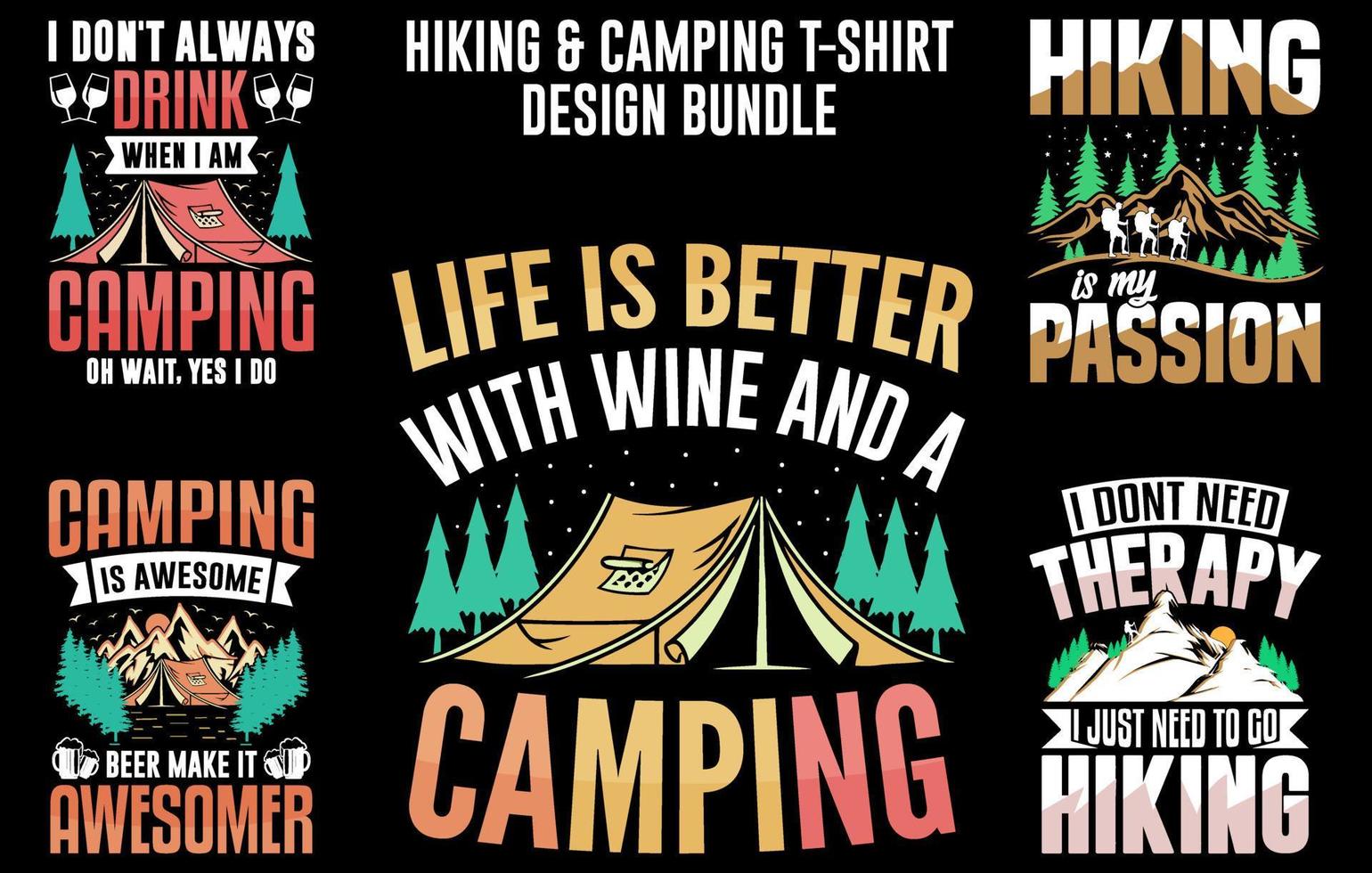 ensemble de conception de t-shirt de randonnée et de camping, ensemble de randonnée, ensemble de t-shirt de camping, élément vectoriel, graphique, illustration vecteur