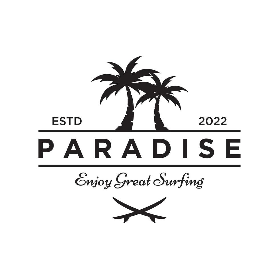 modèle de logo créatif de vacances d'été à la plage avec des vagues, des palmiers et des symboles de planche de surf dans un style rétro.emblème, étiquette, affiche, badge. vecteur