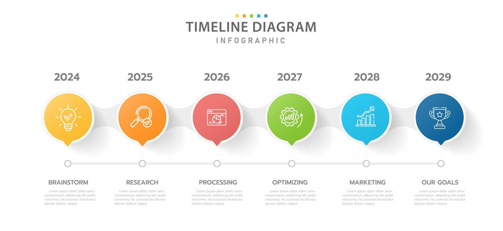 modèle d'infographie pour les entreprises. Calendrier de diagramme de chronologie moderne en 6 étapes avec cercle et sujets, infographie vectorielle de présentation. vecteur