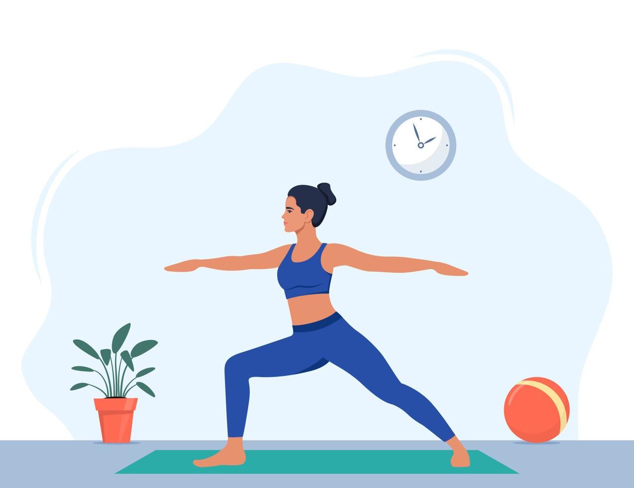 personnage féminin faisant des exercices de yoga à la maison. concept de bien-être, de soins de santé et de style de vie. illustration vectorielle. vecteur