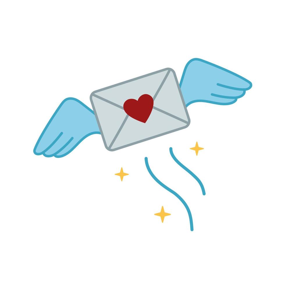message d'amour volant avec des ailes. icône de lettre d'amour. l'amour est dans le concept de l'air. icône de la Saint Valentin dans le style doodle. illustration dessinée à la main. enveloppe de lettre avec des ailes vecteur