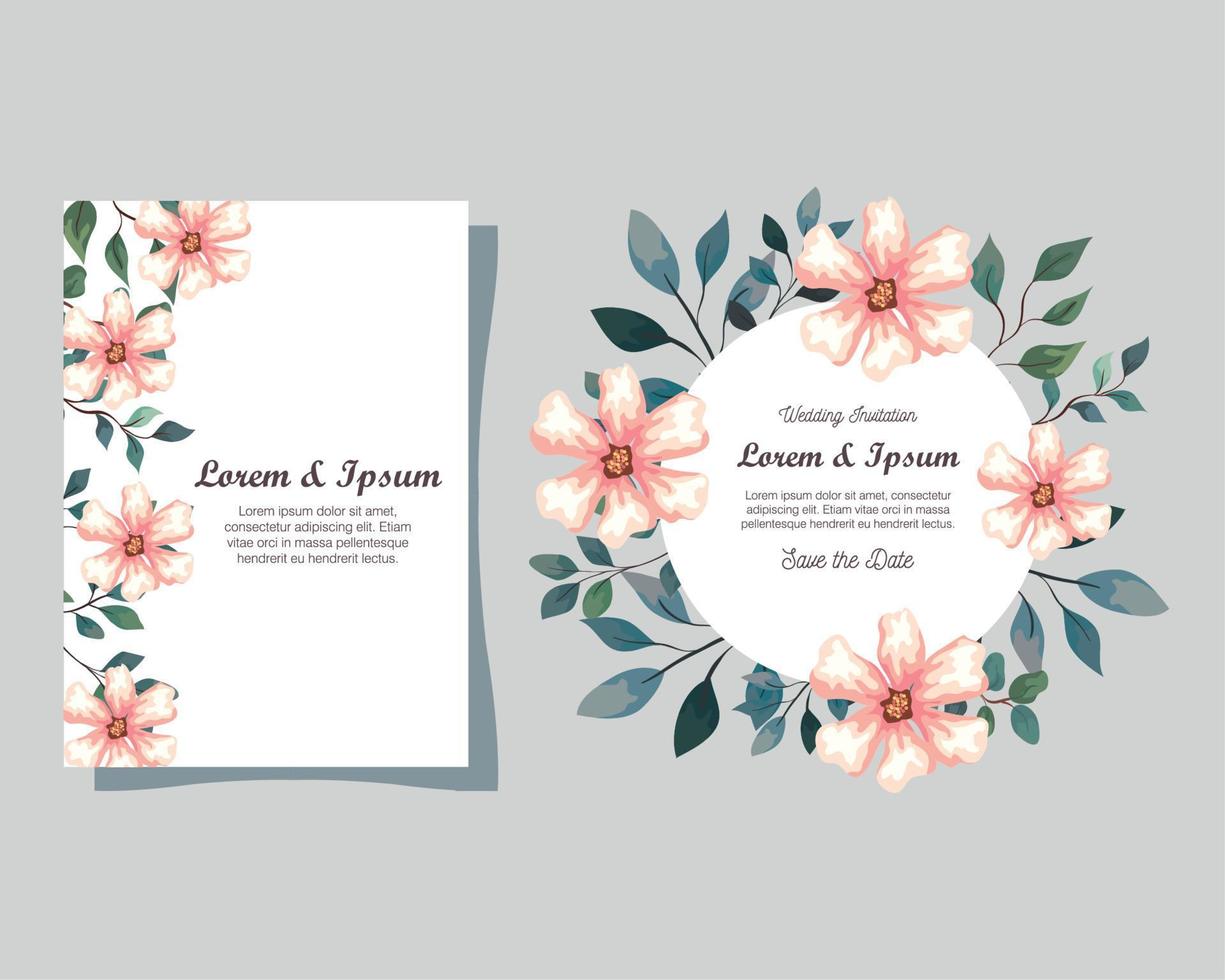 cartes de voeux avec fleurs, invitations de mariage avec fleurs avec décoration de branches et de feuilles vecteur