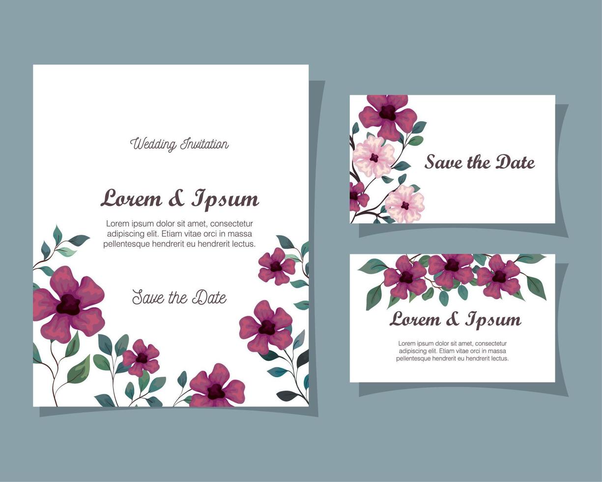 cartes de voeux avec fleurs couleur violet et rose, invitations de mariage avec fleurs avec décoration de branches et de feuilles vecteur