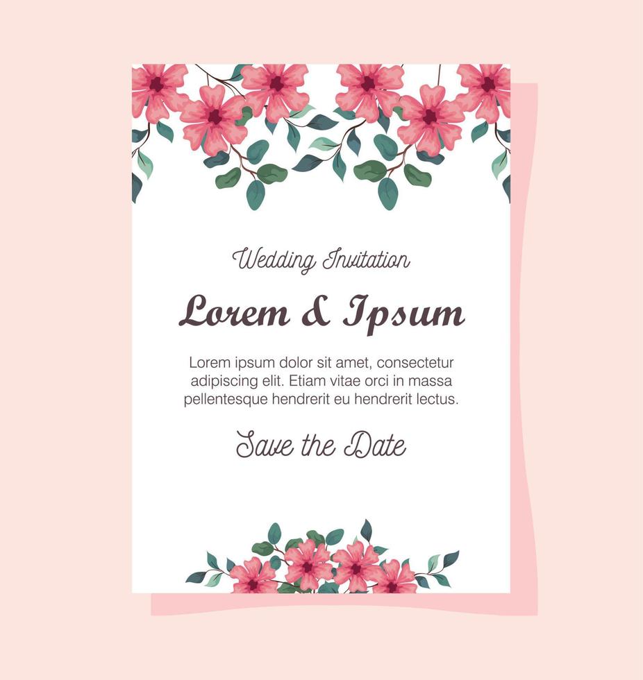 carte de voeux avec des fleurs de couleur rose, faire-part de mariage avec des fleurs de couleur rose avec décoration de branches et de feuilles vecteur
