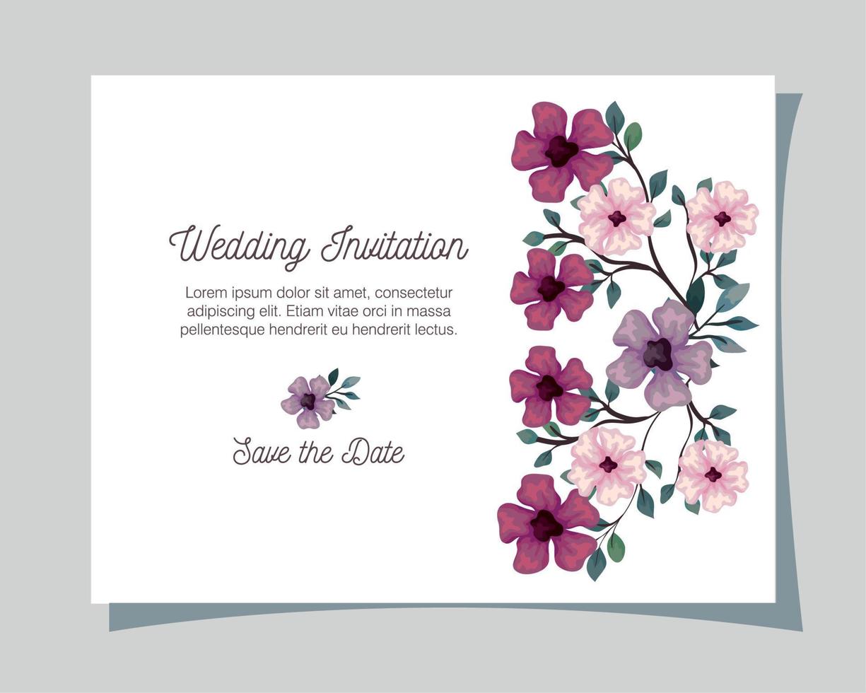 carte de voeux avec fleurs lilas, rose et violet, invitation de mariage avec fleurs avec décoration de branches et de feuilles vecteur