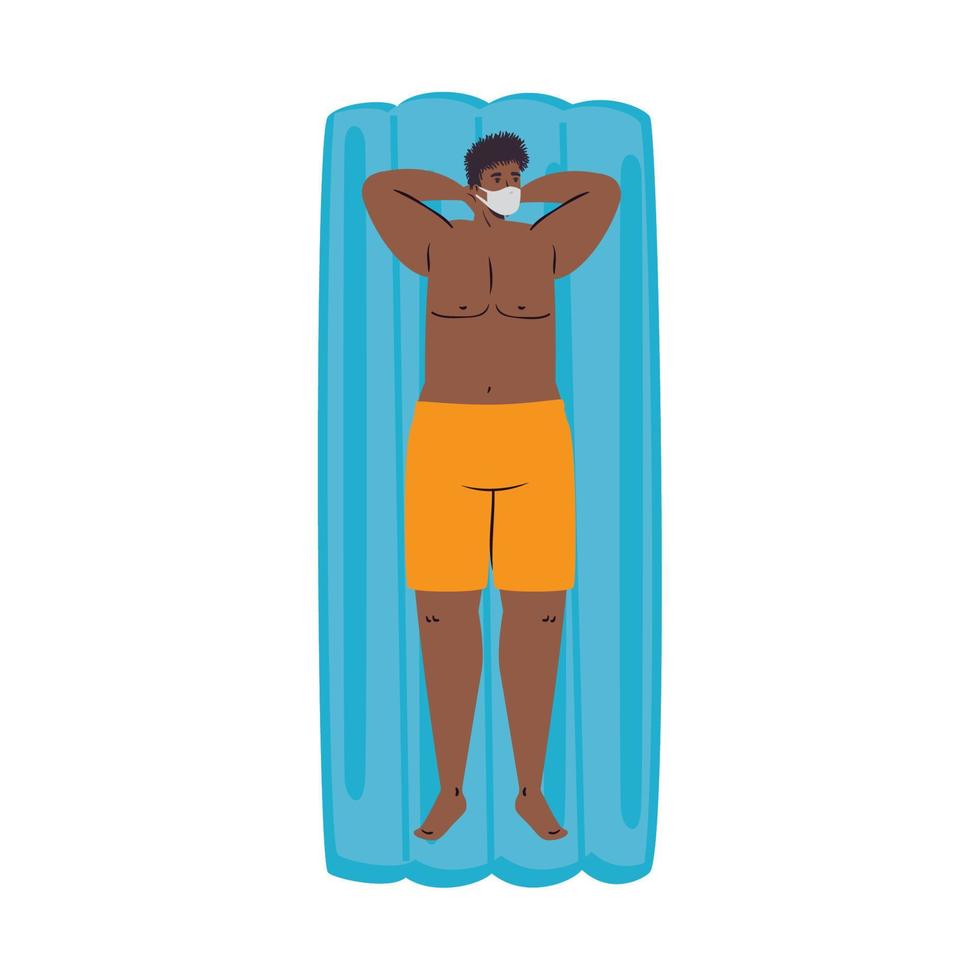 caricature d'homme avec maillot de bain et masque médical sur la conception de vecteur de flotteur