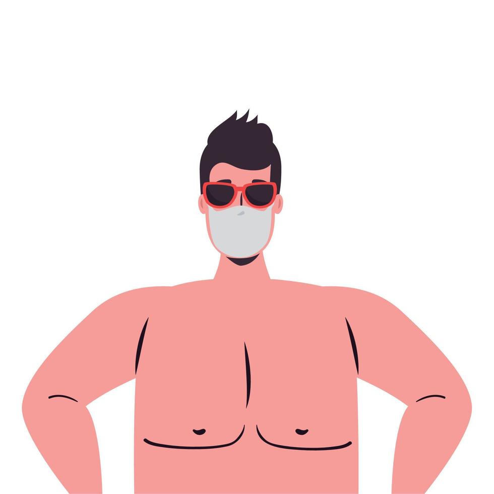 dessin animé d'homme avec masque médical et conception de vecteur de lunettes