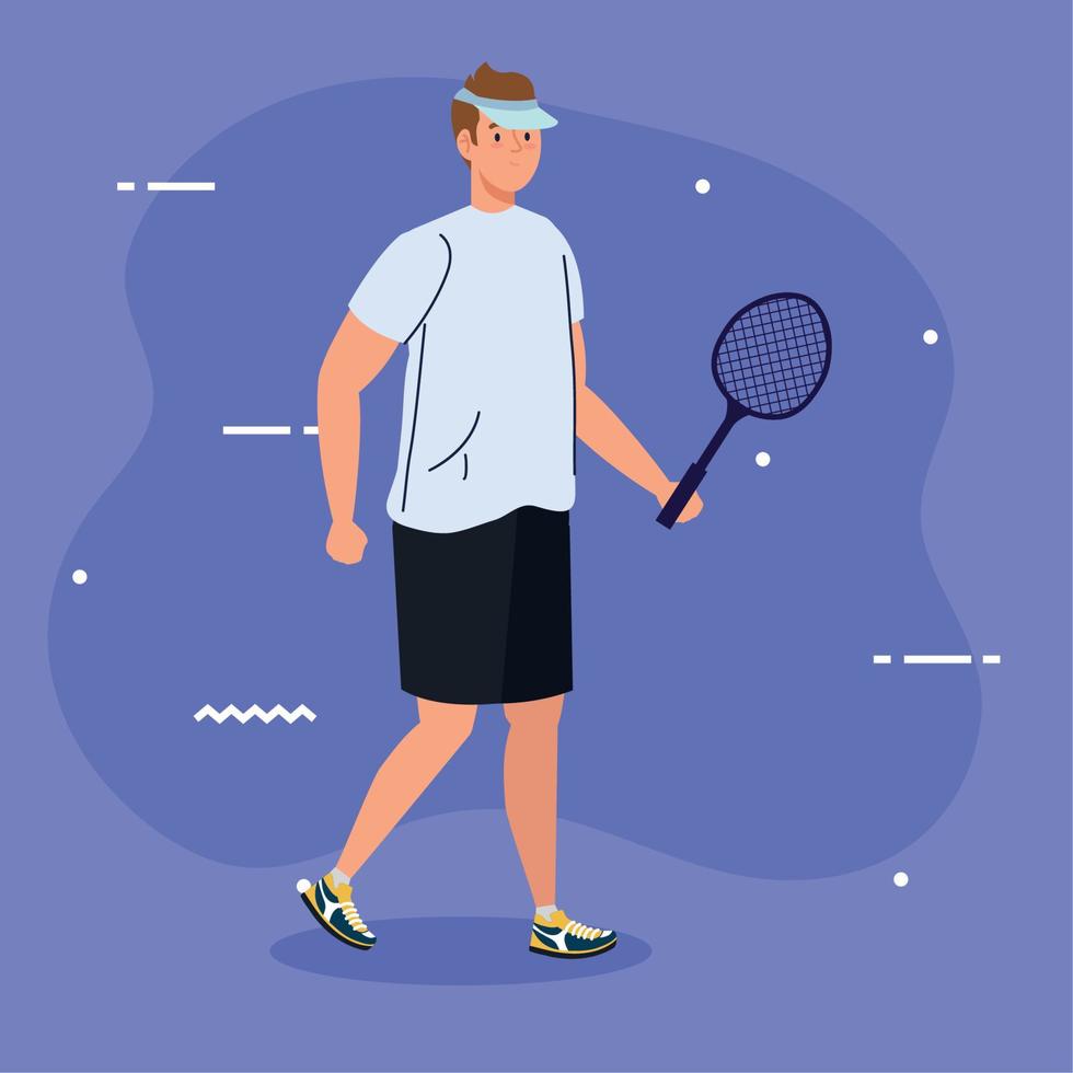 joueur de tennis avec raquette sur fond violet vecteur