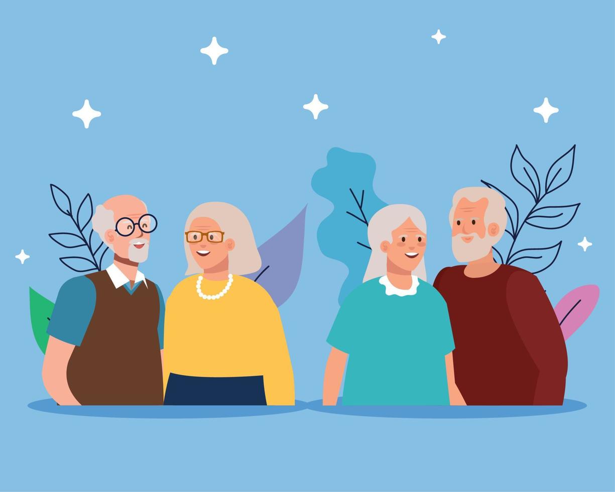 avatars de grands-mères et grands-pères avec dessin vectoriel de feuilles