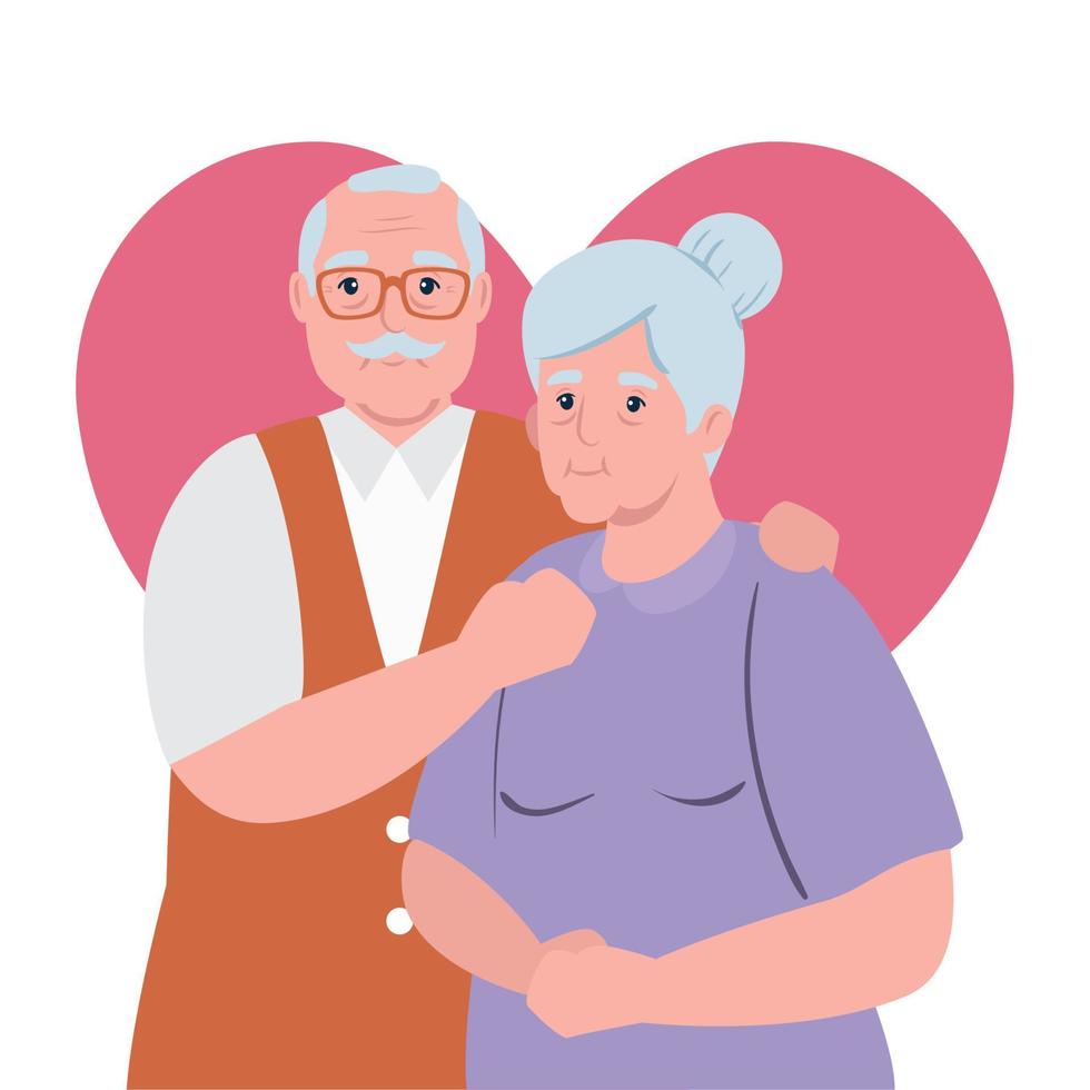 couple de personnes âgées souriant, vieille femme et vieil homme avec fond de coeur vecteur