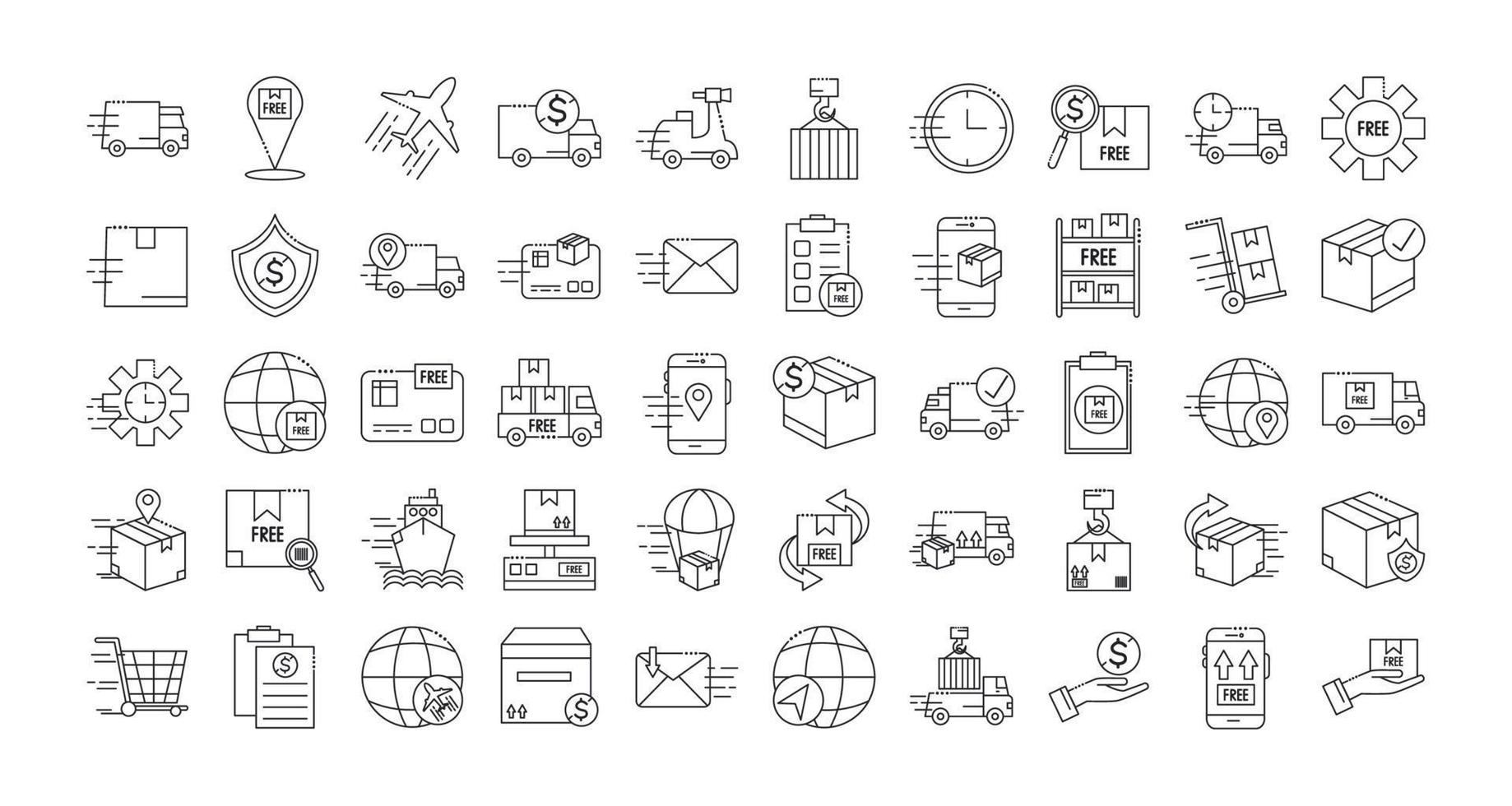 ensemble d'icônes de style de ligne de livraison rapide et de livraison gratuite vecteur