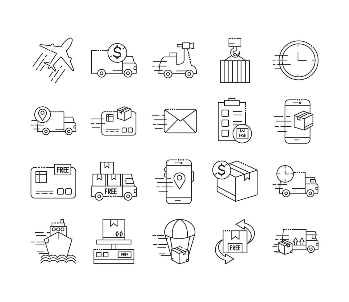 ensemble d'icônes de style de ligne de livraison rapide et de livraison gratuite vecteur