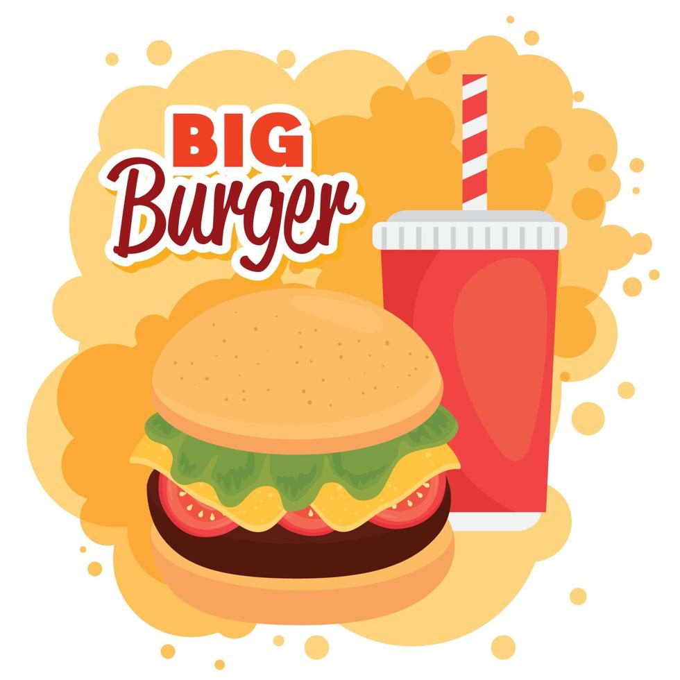 affiche de restauration rapide, hamburger avec boisson en bouteille vecteur