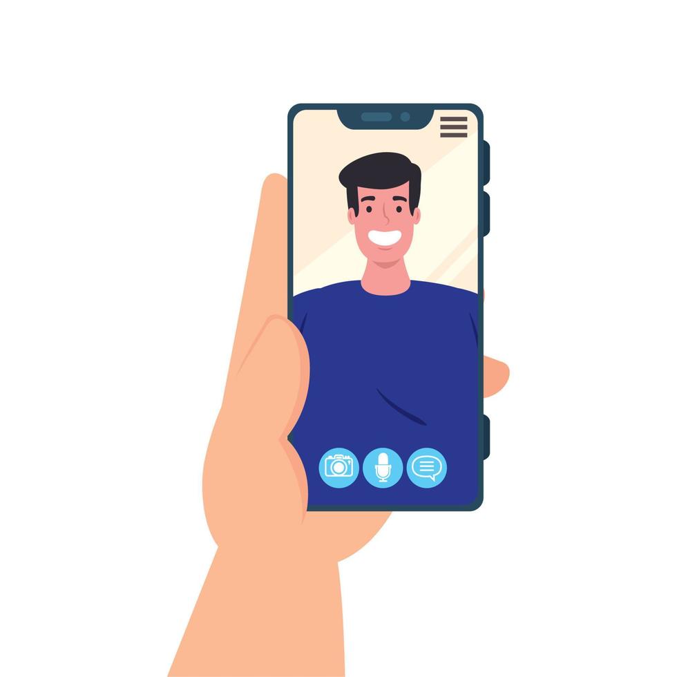 main tenant l'appel vidéo du smartphone sur l'écran avec l'homme, concept de médias sociaux vecteur
