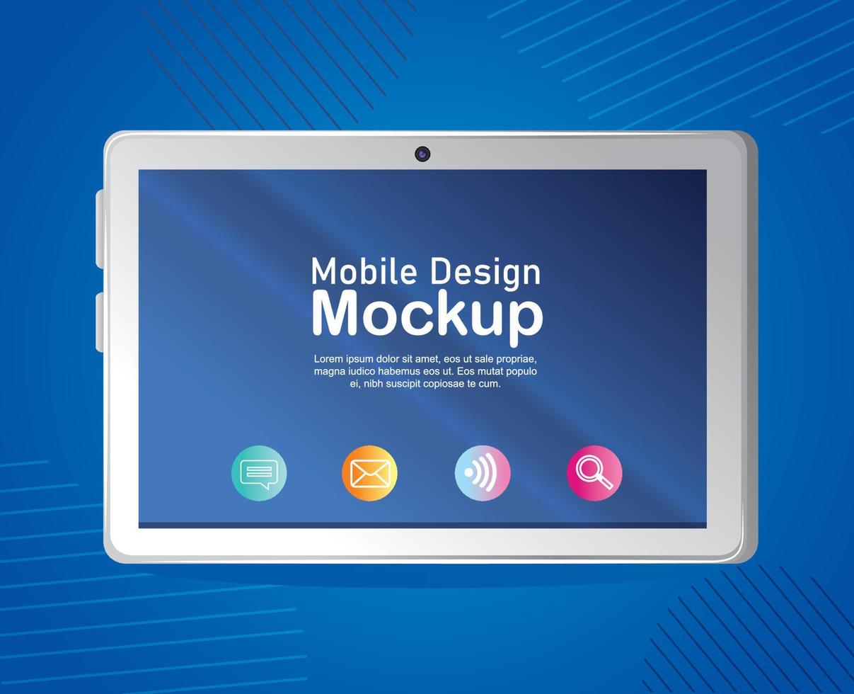 maquette de conception mobile d'affiche, tablette réaliste avec icônes vecteur