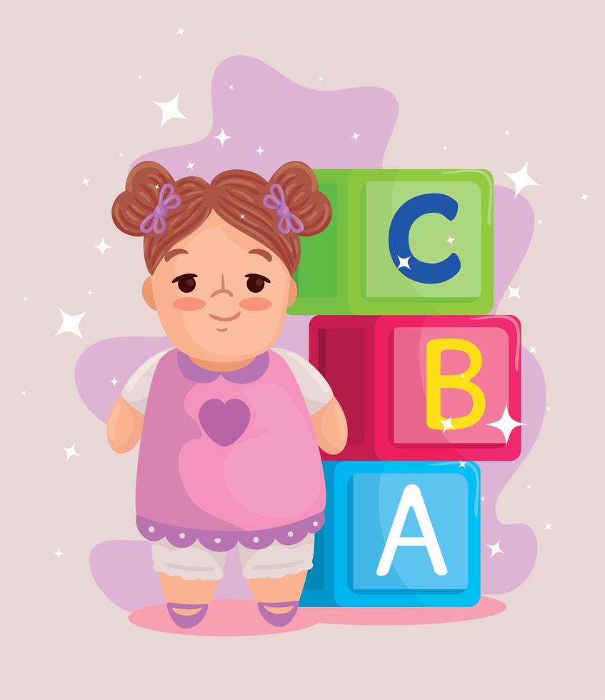 jouets pour enfants, poupée mignonne et alphabet de cubes vecteur