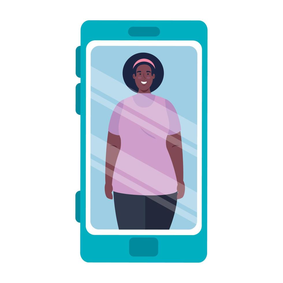 femme afro dans un smartphone, concept de médias sociaux vecteur