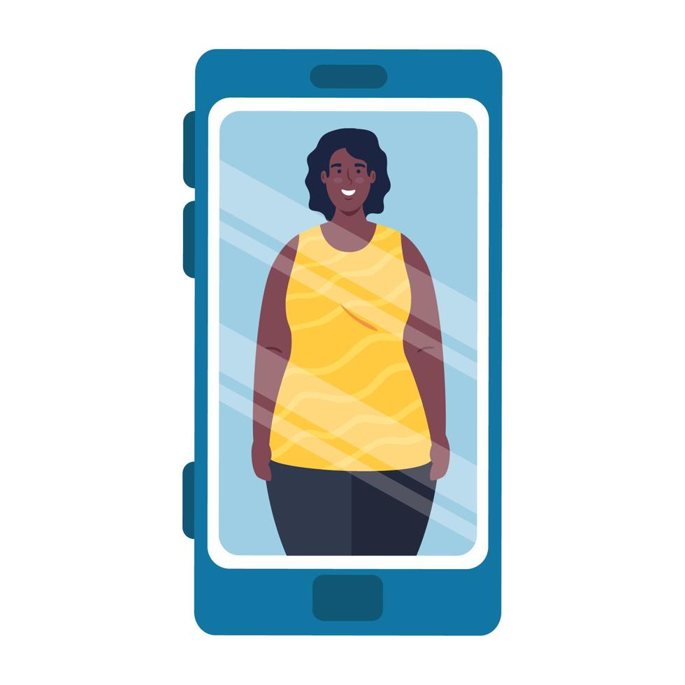 femme afro dans un smartphone, concept de médias sociaux vecteur