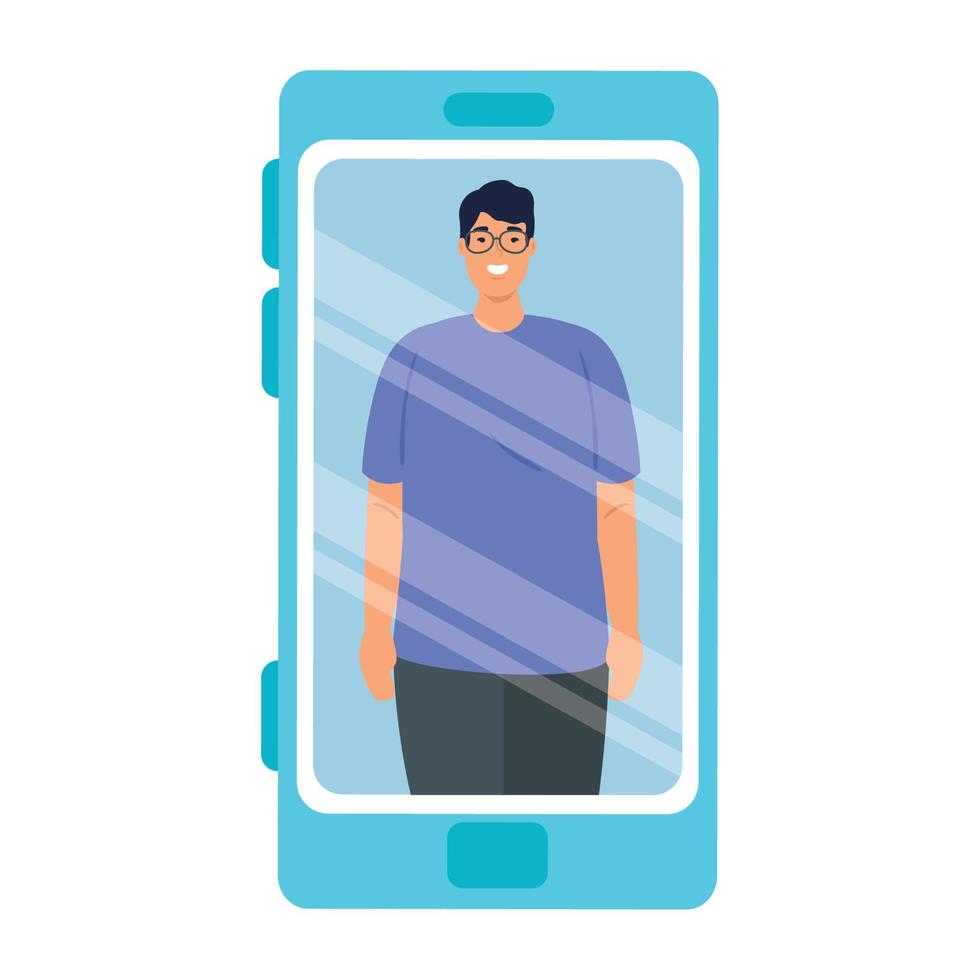 homme asiatique dans un smartphone, concept de médias sociaux vecteur