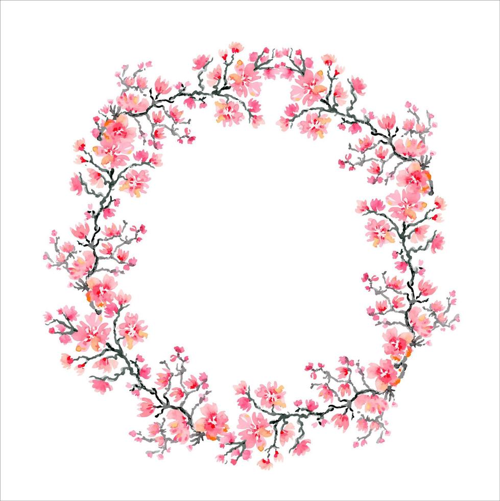 fleurs de sakura. cerisier japonais. couronne bouquet de fleurs clipart floral aquarelle. vecteur